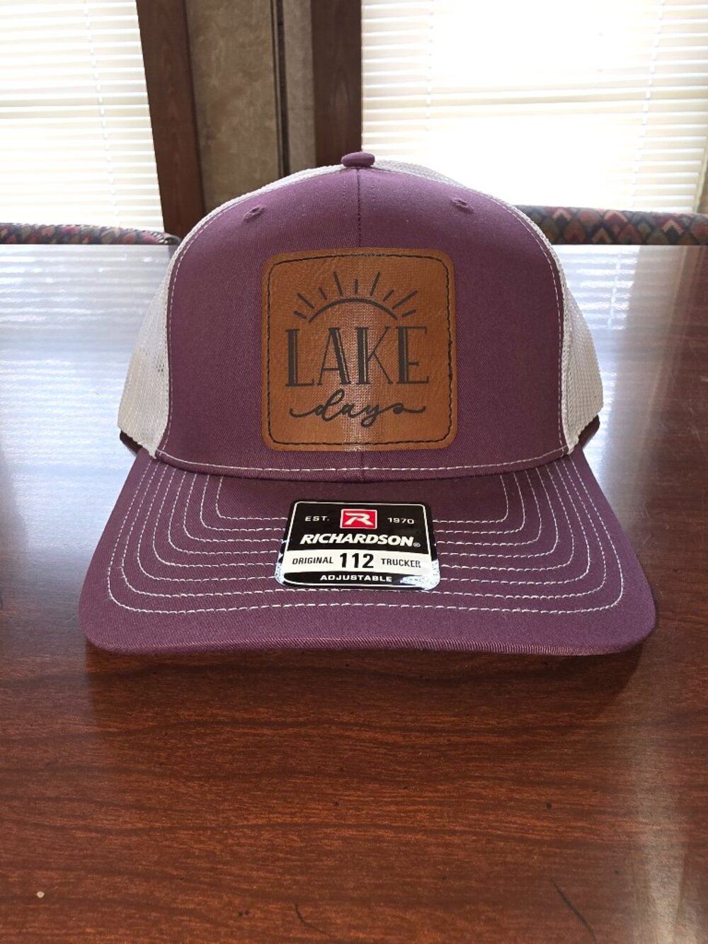 Richardson Maroon/White Adjustable Mesh Back Trucker Hat "Lake Days" Patch